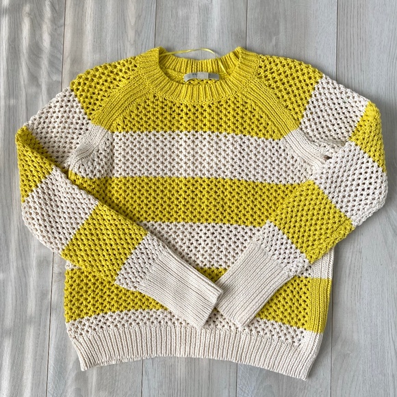 All Saints Yellow and Off-White Stripe Crochet Pullover Sweater - Picture 1 of 12